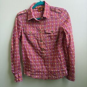 Tory Burch button down pink and orange Blouse logo buttons Size 6